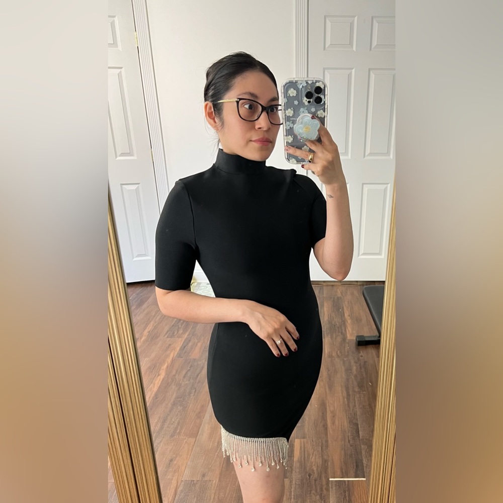 Black Mock-Neck Bandage Bodycon Mini Dress with Rhinestone detail on right side - Picture 9 of 11
